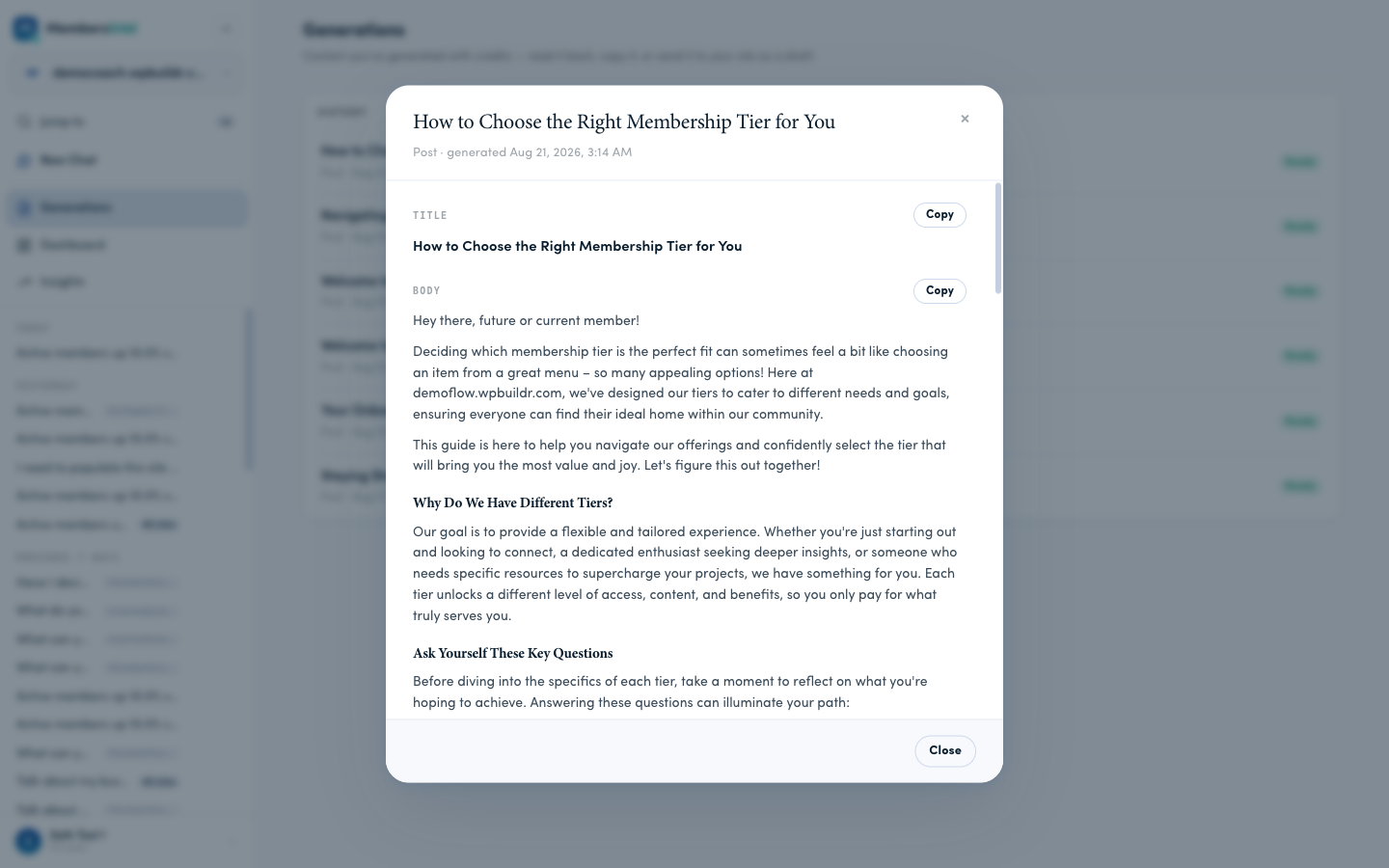 A generated post opened, showing the title and body with Copy buttons