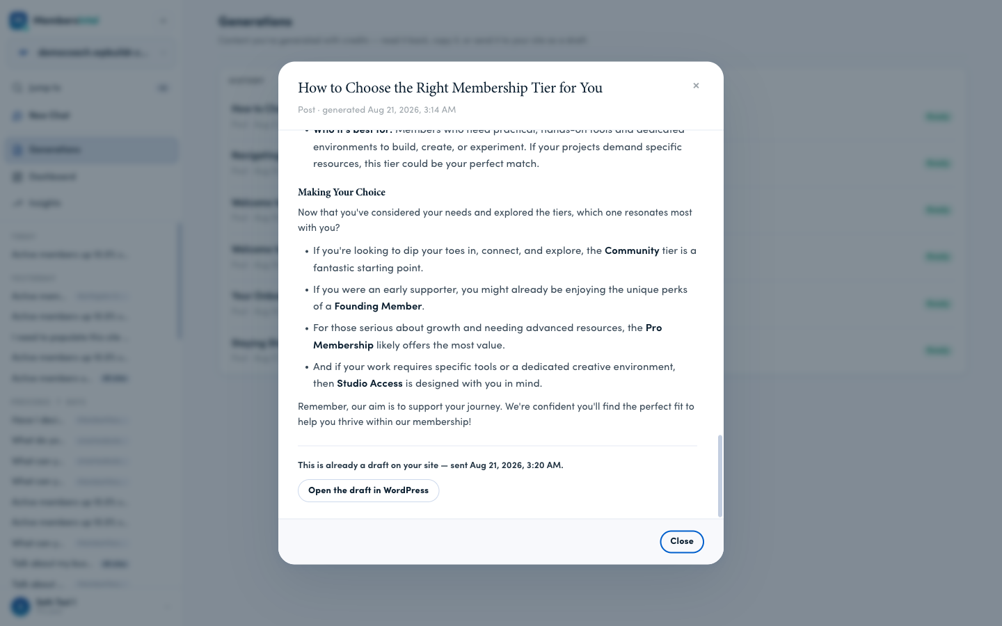 The send panel confirming the content is already a draft, with an Open the draft in WordPress button